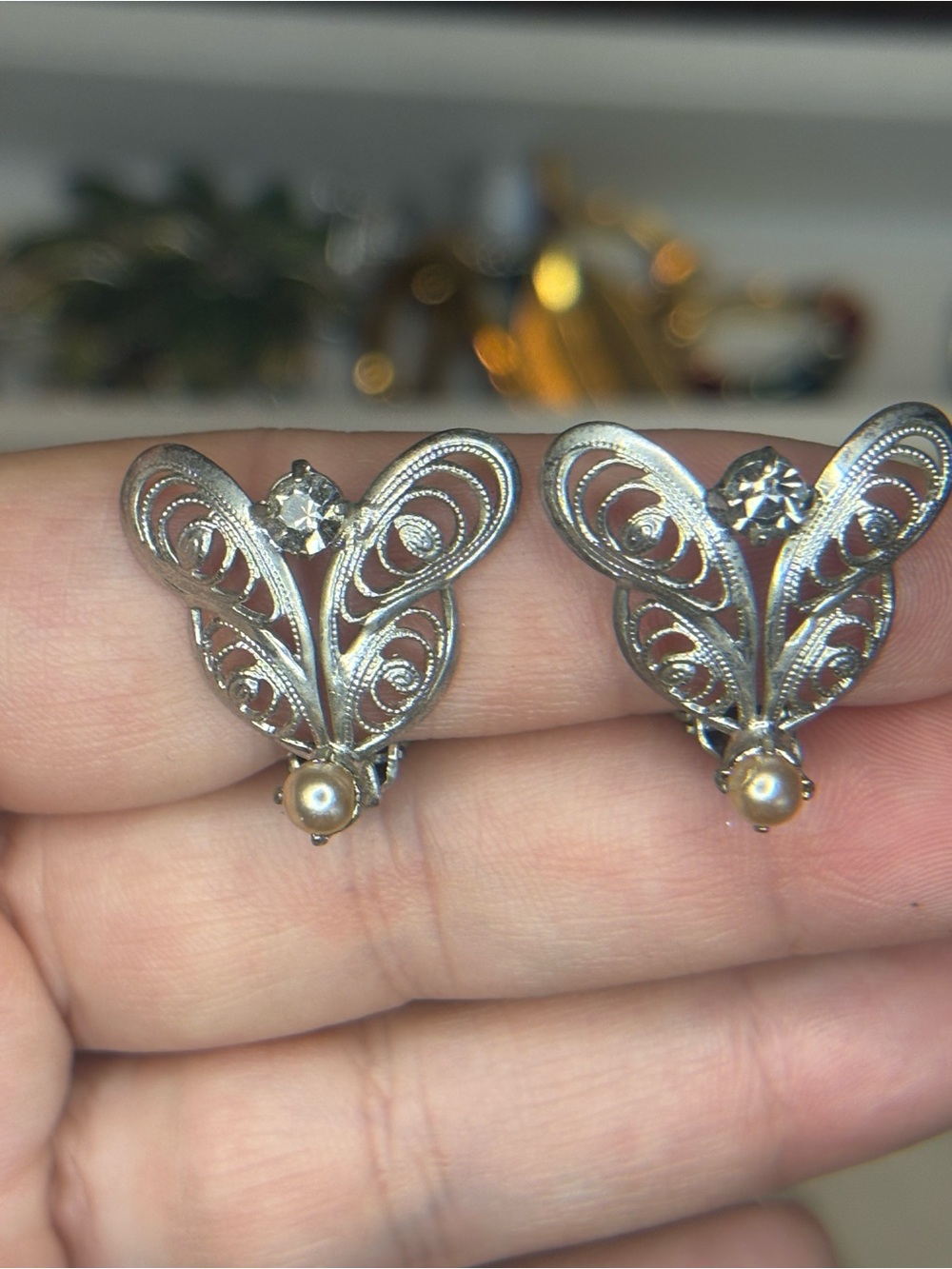 Vintage Germany Silver Tone Filigree Rhinestone Pearl Clip-On Earrings